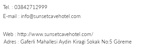 Sunset Cave Hotel telefon numaralar, faks, e-mail, posta adresi ve iletiim bilgileri